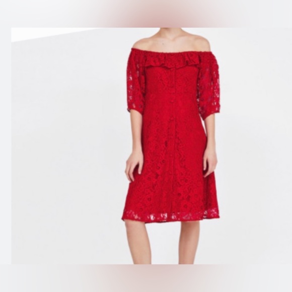 Zara Red Lace Midi Dress Button Down Size M Off-shoulder A Line Dress - Picture 2 of 15